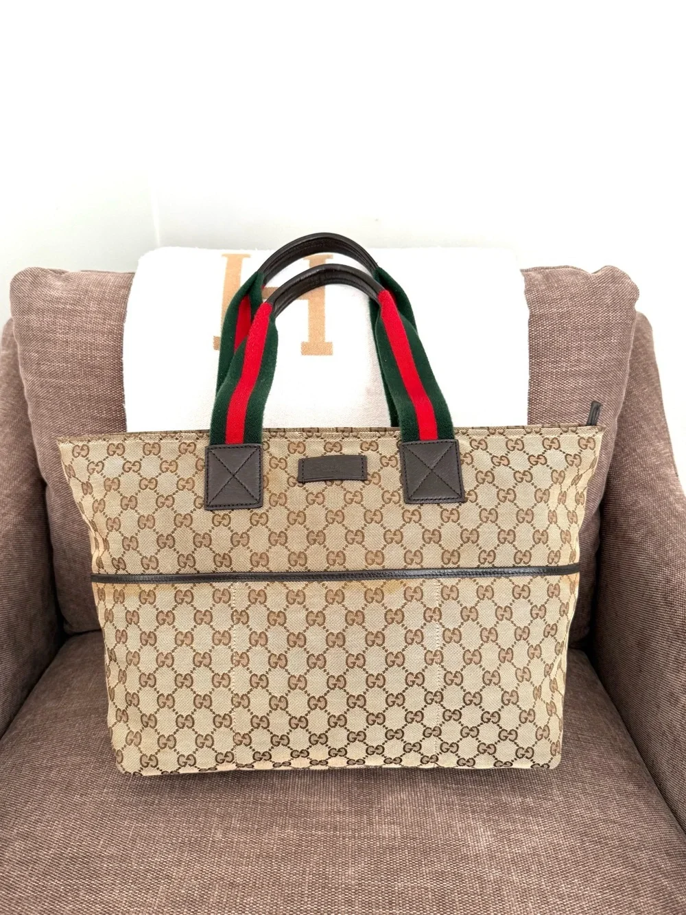 Gucci authentic tote bag brown monogram canvas diaper bag red green handles